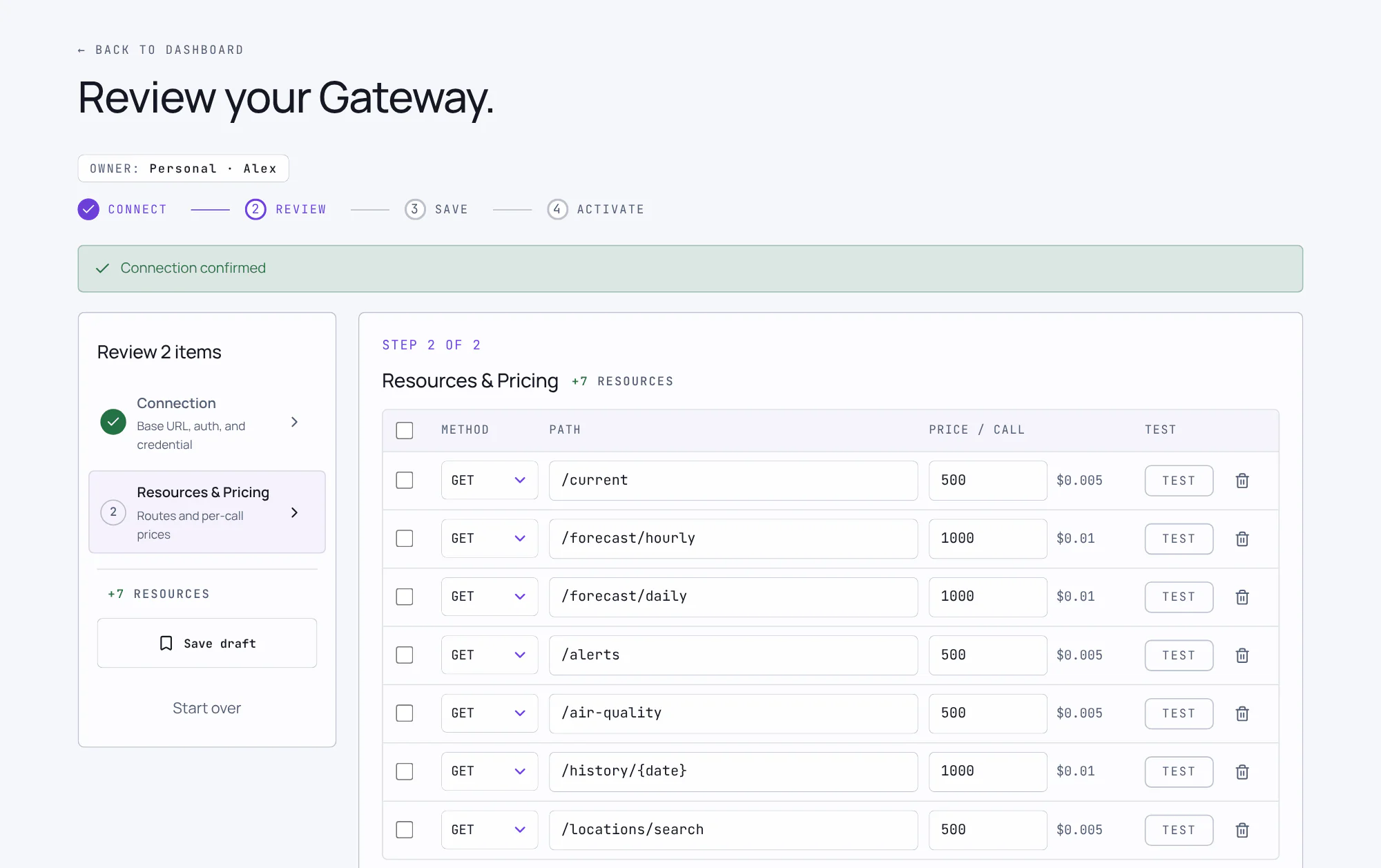 The gateway review screen, showing discovered resources and their per-call prices