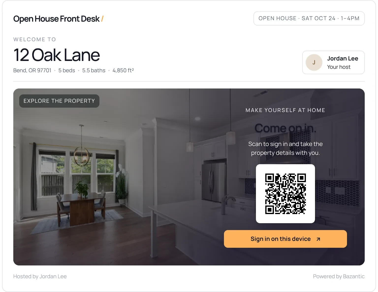 Open House Front Desk welcome screen for a sample listing at 12 Oak Lane, with a QR code guests scan to sign in