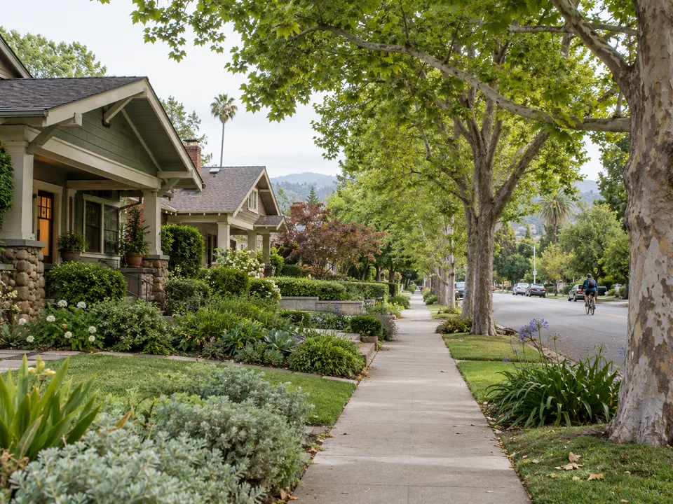 Leafy residential street with homes and mature trees