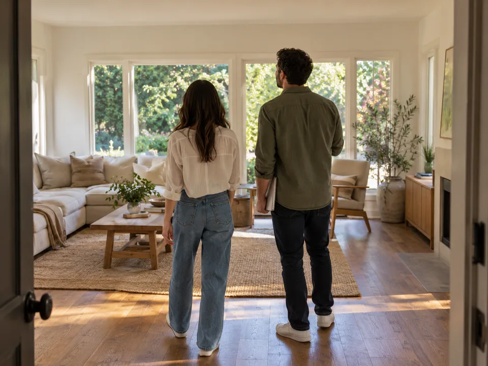 Homebuyers explore a sunlit home